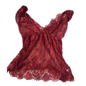 Red Lace Chemise with V-Neckline and Sheer Fabric